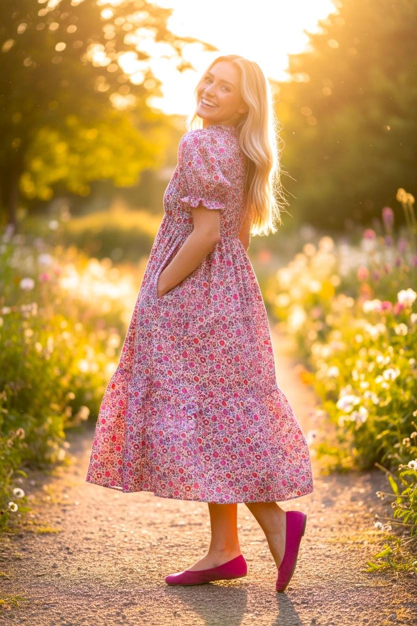 Liberty Fabric V Neck Smock Dress: Midi Floral Dress, Puffy Short Sleeve