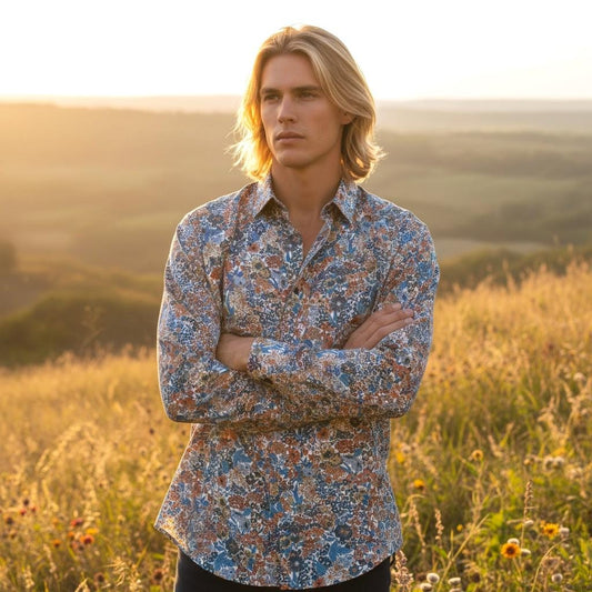 Liberty London Men Long Sleeve Button Up Shirt: Botanical Floral Print Cotton Fabric