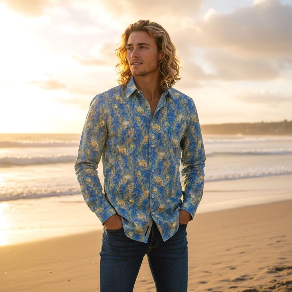 Wiltshire Liberty London Men Long Sleeve Button Up Shirt: Botanical Floral Print Cotton Fabric