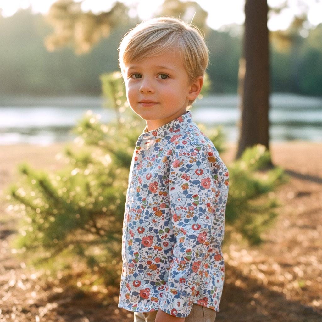 Mandarin Collar Liberty London Fabric Long Sleeve Boy Shirt: Button Up, Botanical Floral Print