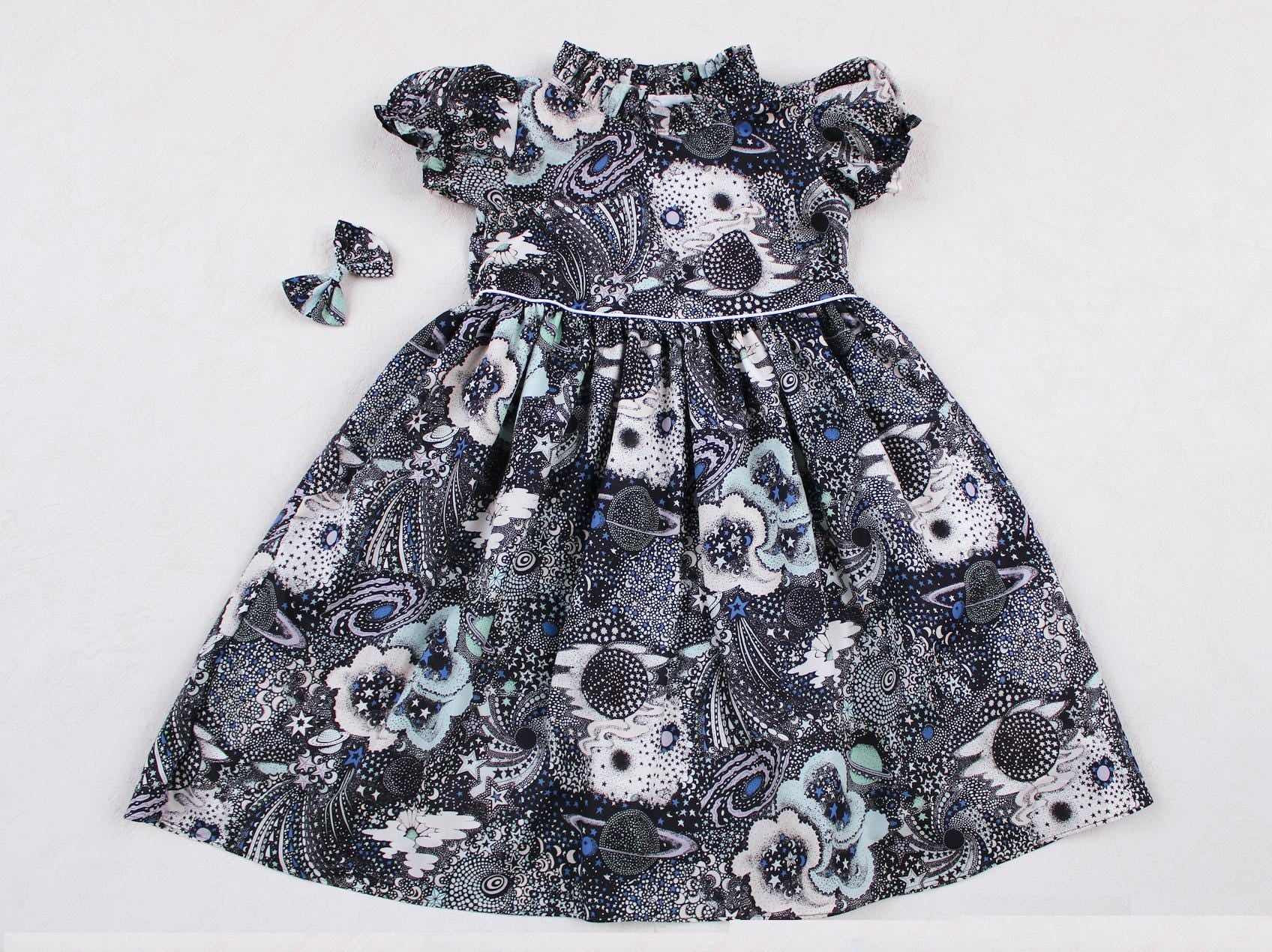 Ruffle Collar Liberty London Dress: Short Puffy Sleeves, Floral Print Cotton Girl Dress