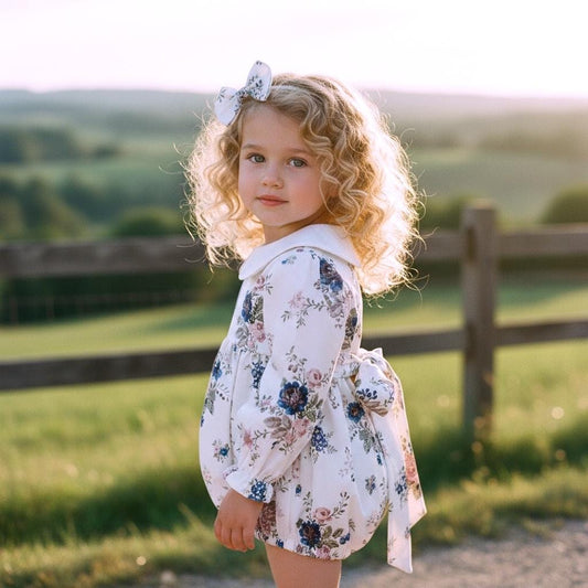 Peter Pan Collar Liberty Bubble Romper: Floral Print Cotton, Short Sleeve