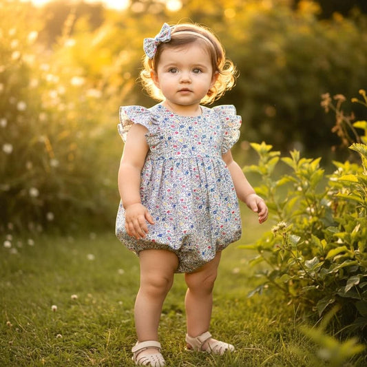 Ruffle Liberty London Baby Bubble Romper, Lightweight Cotton Tana Lawn Fabric Onesie, Ditsy Playsuit