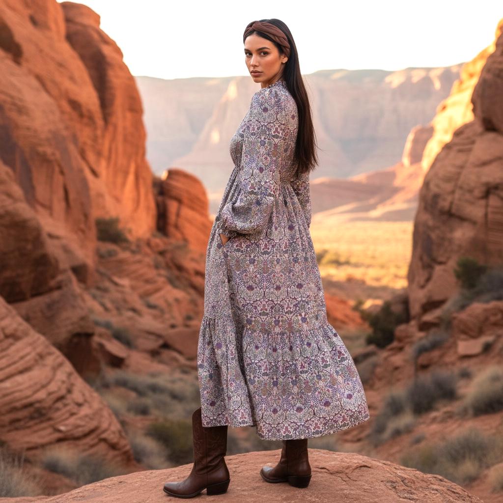 Liberty London V Neck Tiered Midi Long Sleeve Dress: Floral Print Cotton