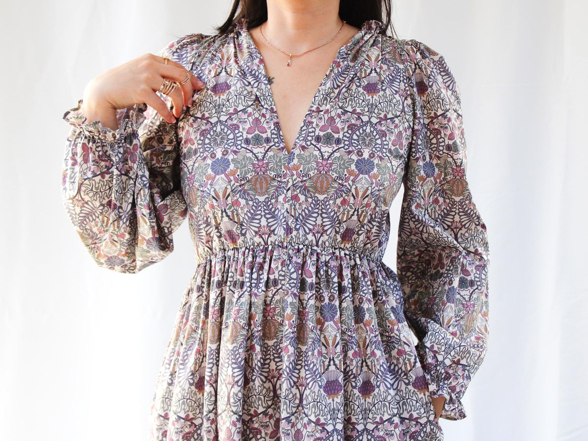 Liberty London V Neck Tiered Midi Long Sleeve Dress: Floral Print Cotton