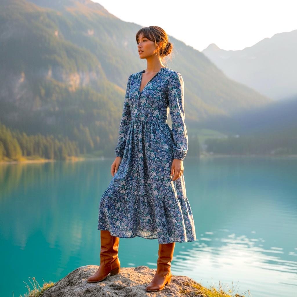 Boho Liberty V Neck Tiered Midi Long Sleeve Dress: Ditsy Floral Print Cotton