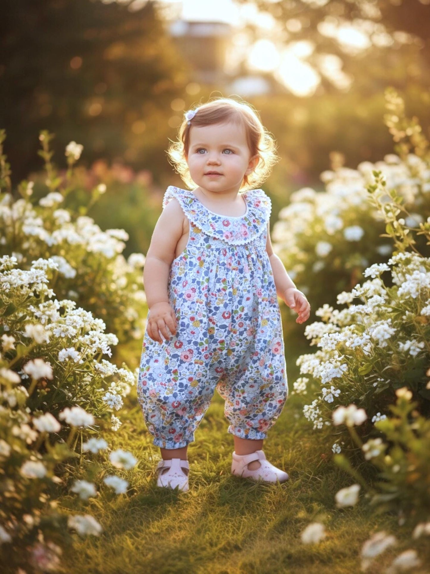 Liberty Floral Print Fabric Sleeveless Overalls: Ruffle Collar, Sleeveless Dungarees