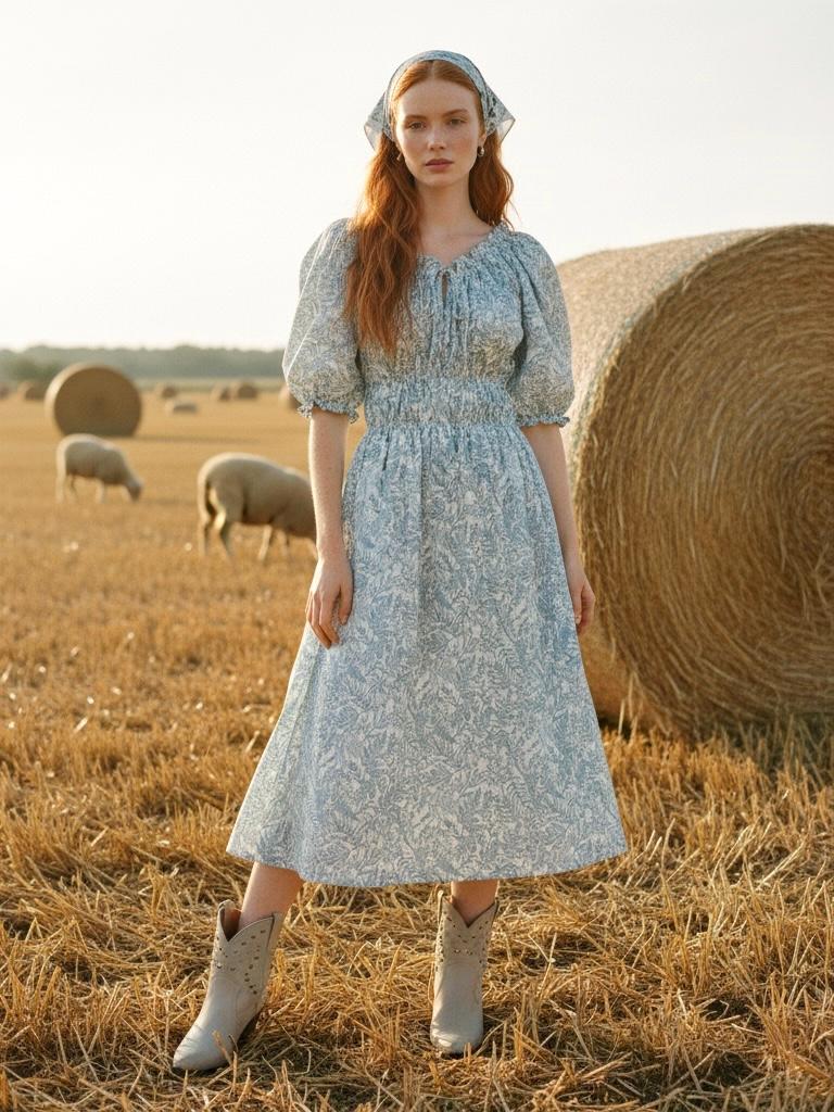 Milkmaid Liberty London Midi Dress Half Sleeves: Botanical Floral Print, Cottage Core Dress