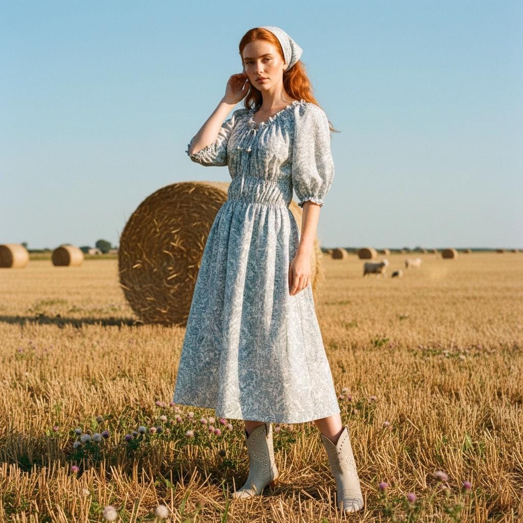 Milkmaid Liberty London Midi Dress Half Sleeves: Botanical Floral Print, Cottage Core Dress