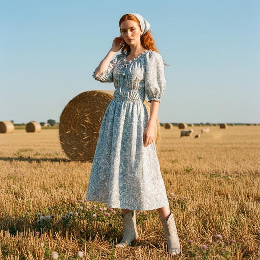 Milkmaid Liberty London Midi Dress Half Sleeves: Botanical Floral Print, Cottage Core Dress