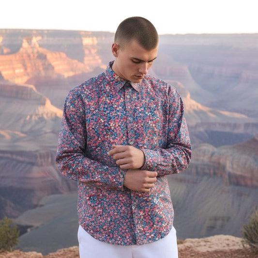 Liberty London Long-Sleeved Button-up Menswear Chemise, Handmade Botanical Floral-Print Shirt, Sustainable Ethical Eco-friendly Clothing