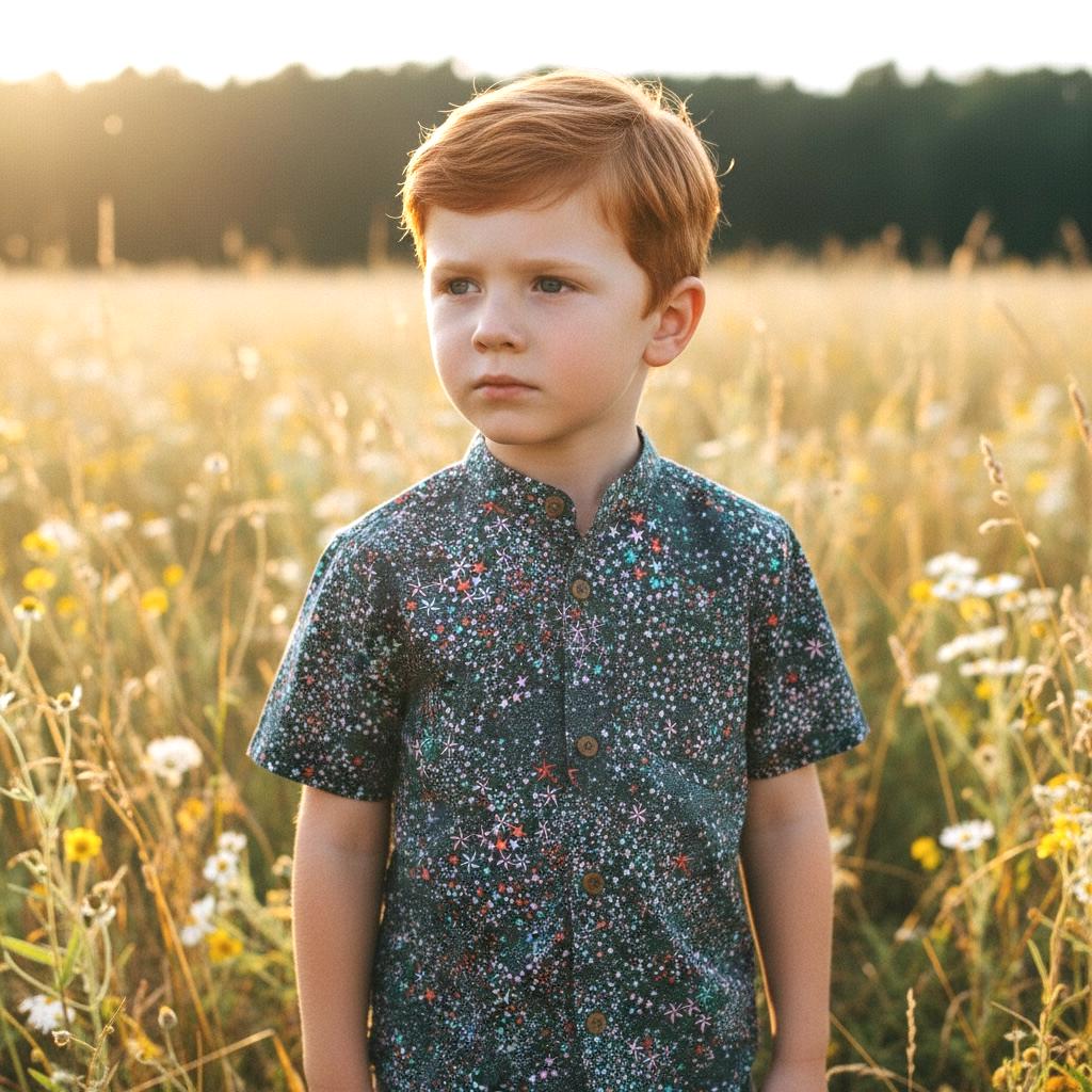 Mandarin Collar Liberty London Fabric Short Sleeve Boy Shirt: Button Up, Botanical Floral Print