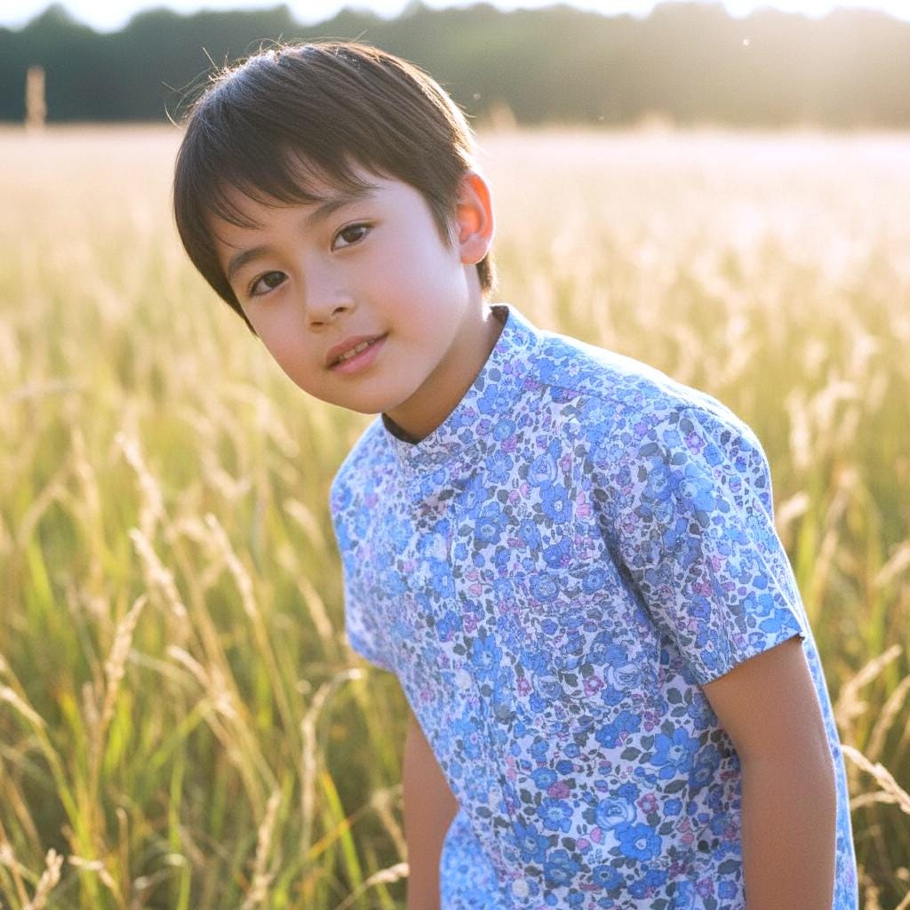 Mandarin Collar Liberty London Fabric Short Sleeve Boy Shirt: Button Up, Botanical Floral Print