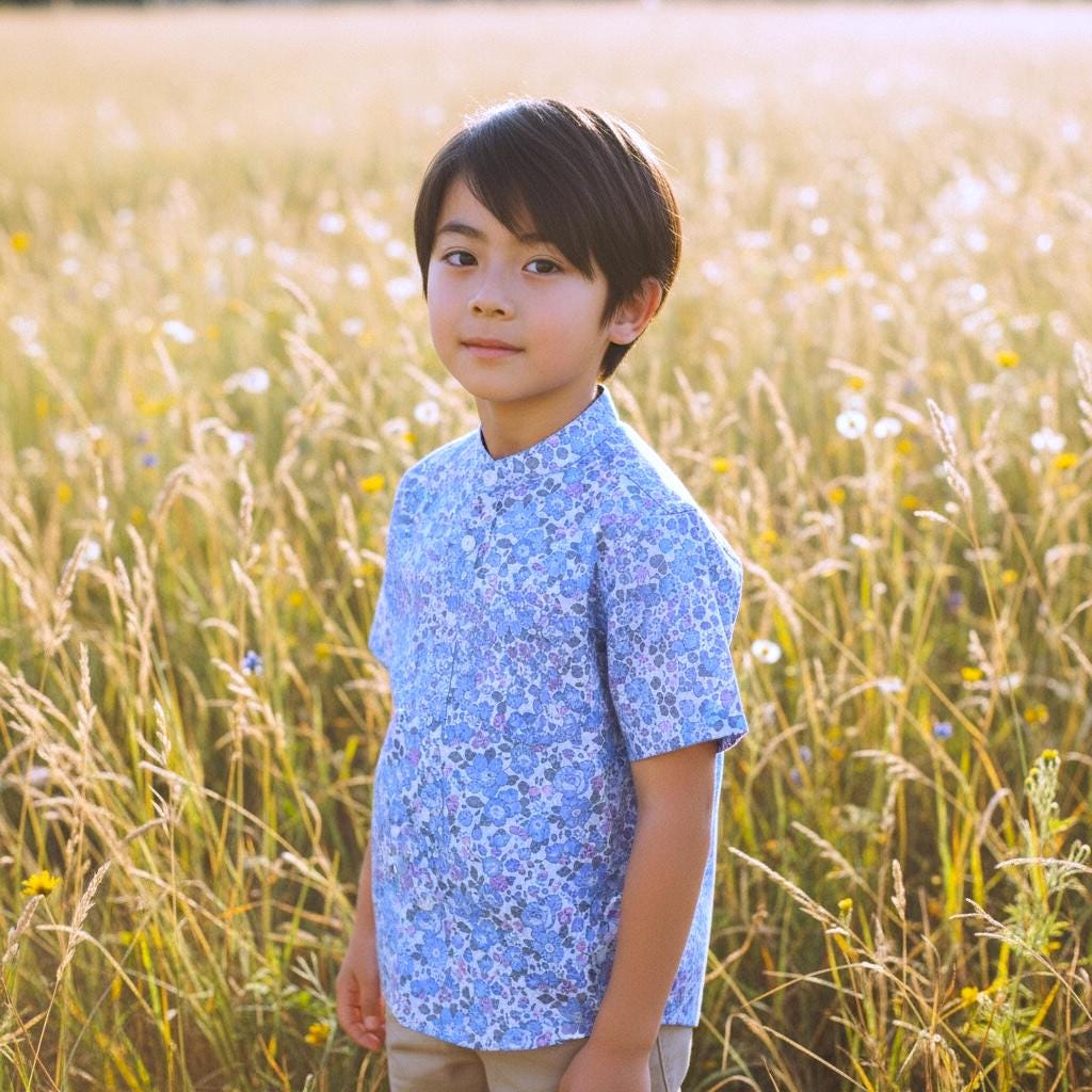 Mandarin Collar Liberty London Fabric Short Sleeve Boy Shirt: Button Up, Botanical Floral Print