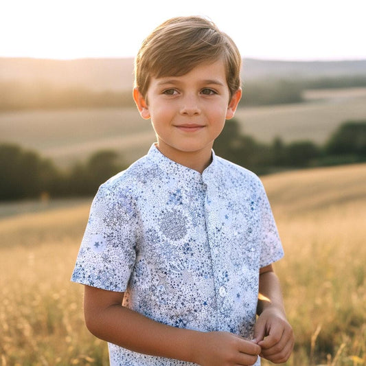 Mao Collar Liberty London Fabric Short Sleeve Boy Shirt: Button Up, Botanical Floral Print