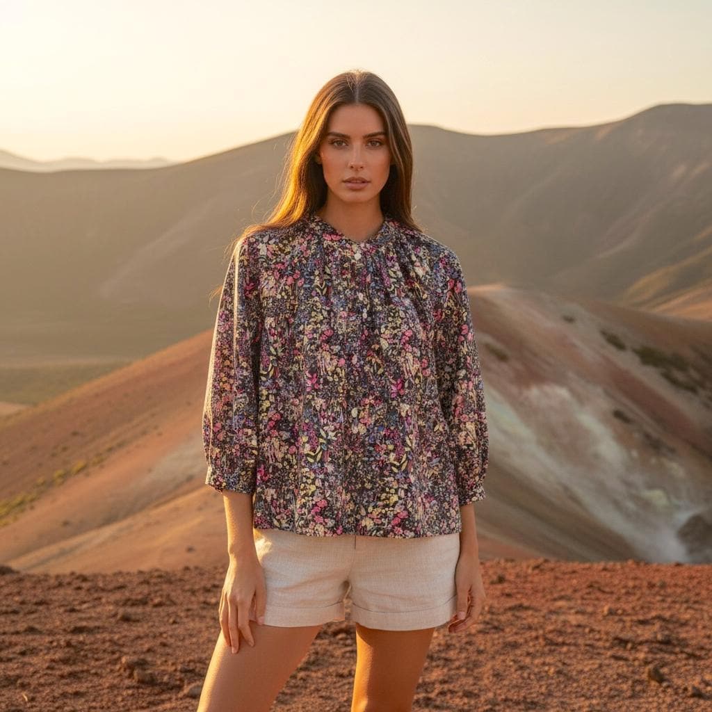 Mandarin Collar Liberty Blouse Floral Print 3/4 Sleeves