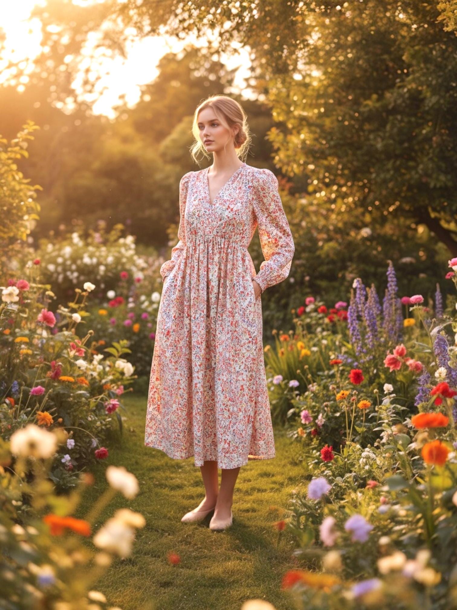 May include: A floral print midi dress with long sleeves and a V-neck. The dress features a pink and white floral pattern and is worn in a garden setting. The dress has a gathered waist and pockets.