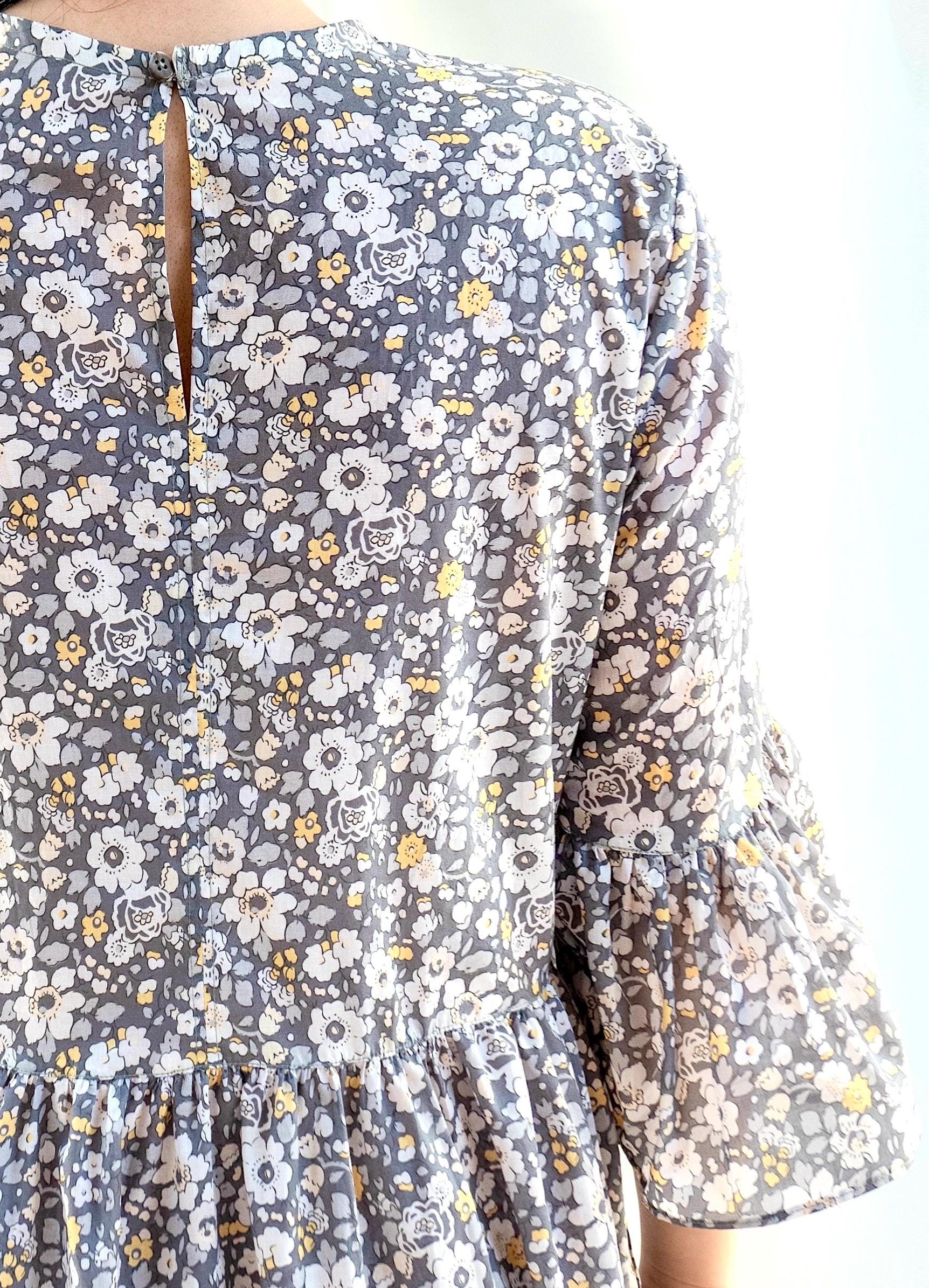 Liberty London Woman Botanical Midi Dress: 3/4 Bell Sleeves, Tiered Cotton Floral Print