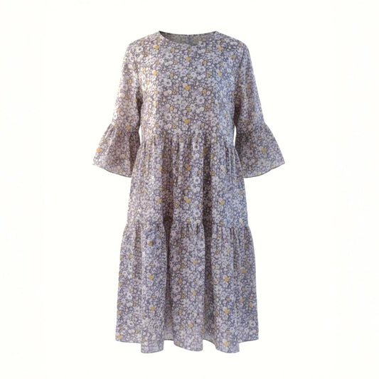 Liberty London Woman Botanical Midi Dress: 3/4 Bell Sleeves, Tiered Cotton Floral Print