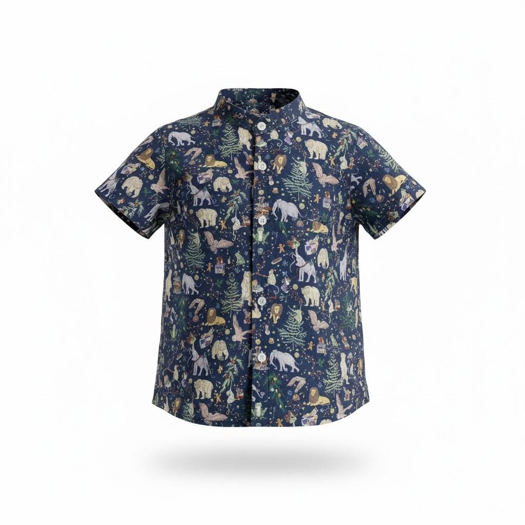Mandarin Collar Liberty London Fabric Short Sleeve Boy Shirt: Button Up, Botanical Floral Print