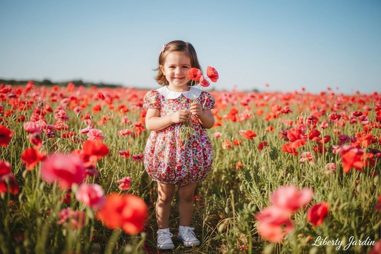 Liberty London Bubble Romper: Peter Pan Collar, Balloon Puffed Short Sleeves, Floral Print Onesie