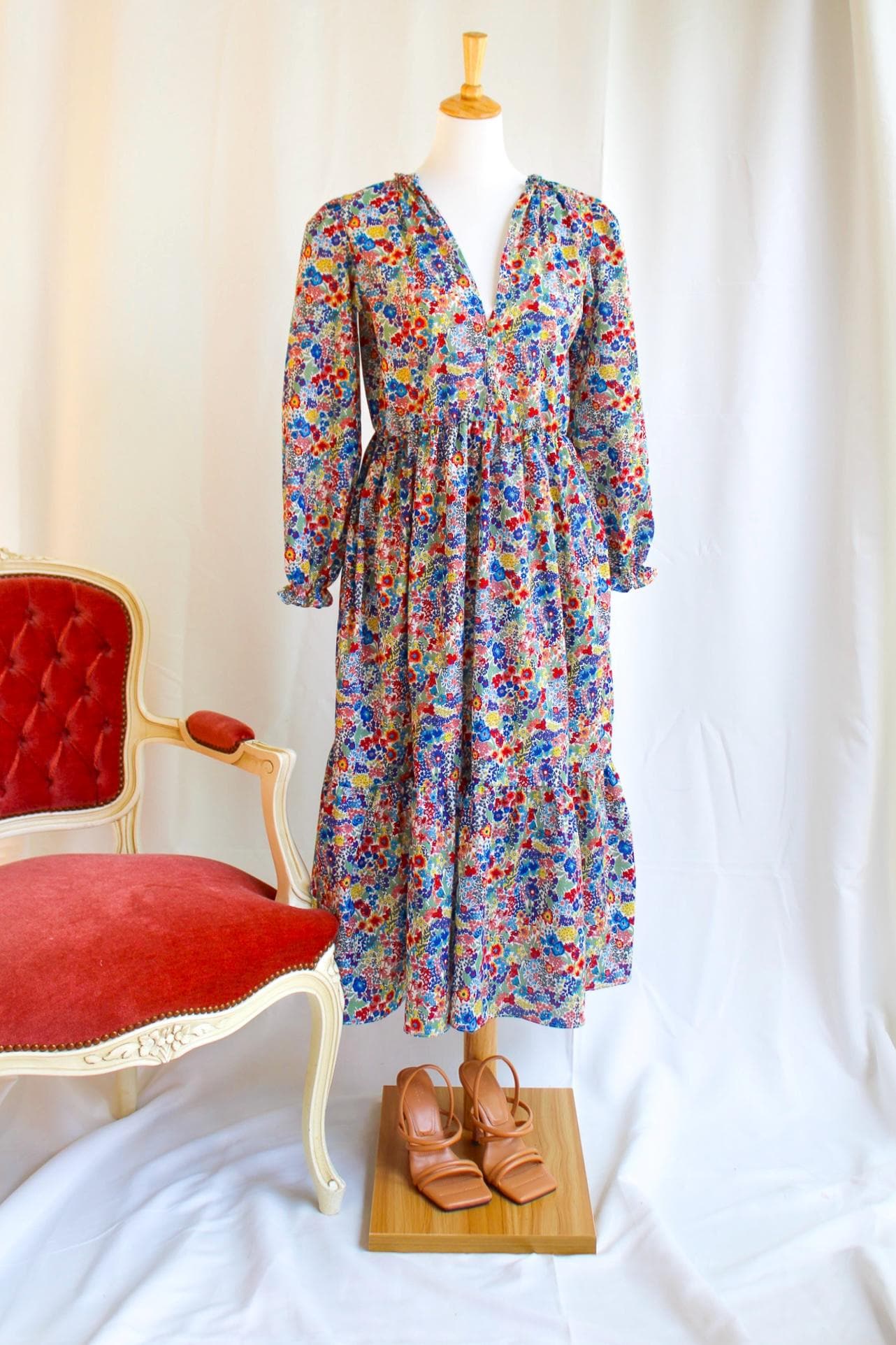 Liberty London V Neck Tiered Dress: Midi Long Sleeve, Floral Print Cotton Tana Lawn