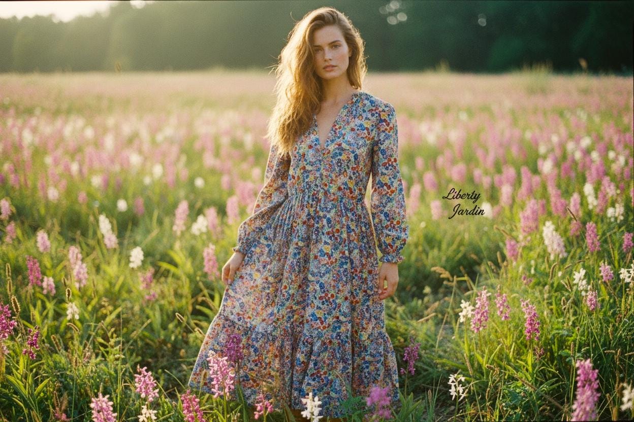 Liberty London V Neck Tiered Dress: Midi Long Sleeve, Floral Print Cotton Tana Lawn