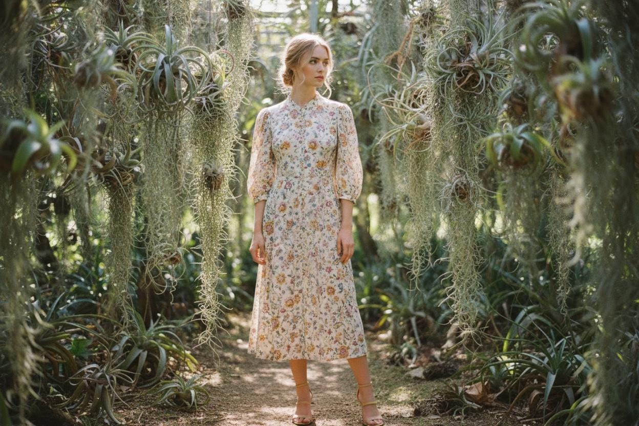 Midi Liberty London Woman Floral Print Shirt Dress: Mandarin Collar, Puffy 3/4 Sleeves
