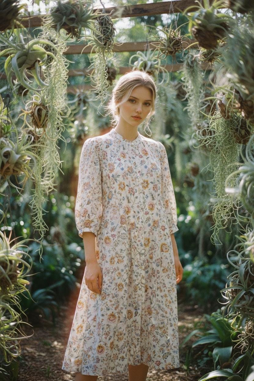 Midi Liberty London Woman Floral Print Shirt Dress: Mandarin Collar, Puffy 3/4 Sleeves