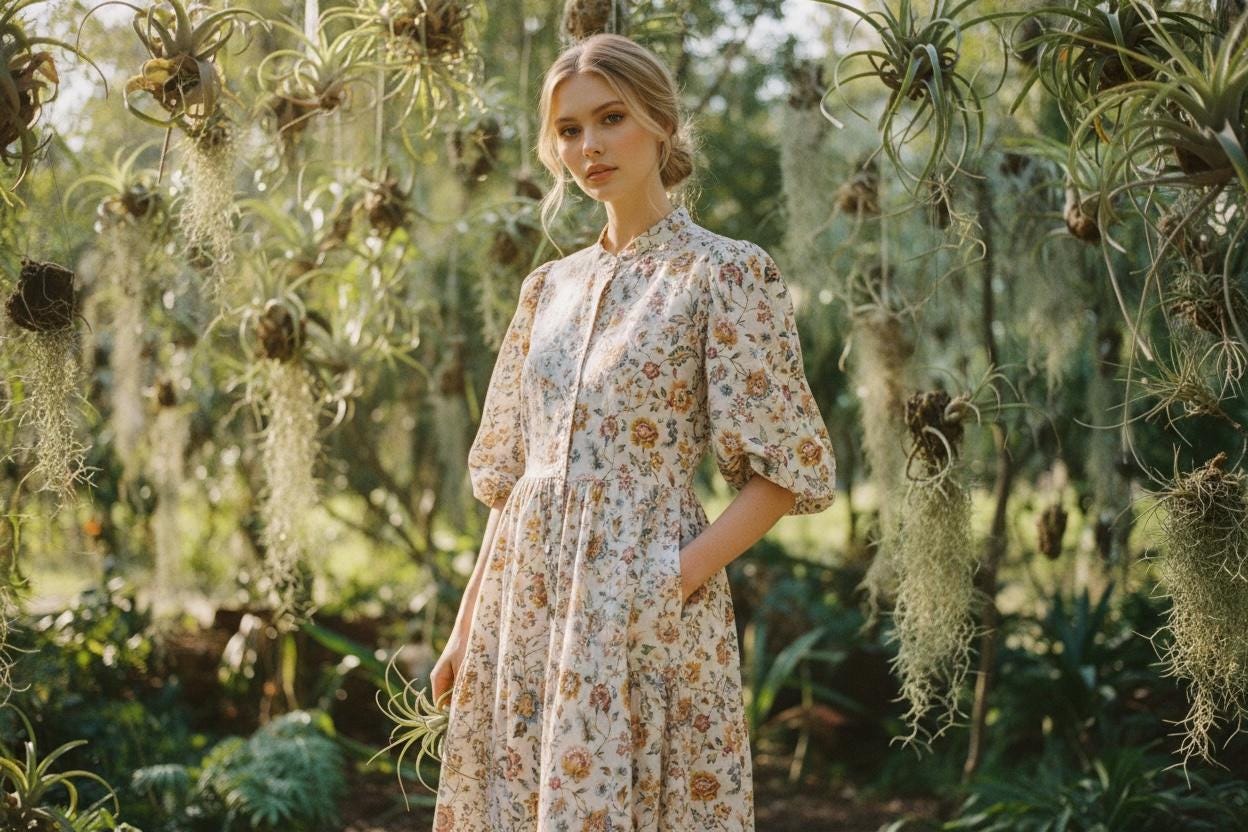 Midi Liberty London Woman Floral Print Shirt Dress: Mandarin Collar, Puffy 3/4 Sleeves