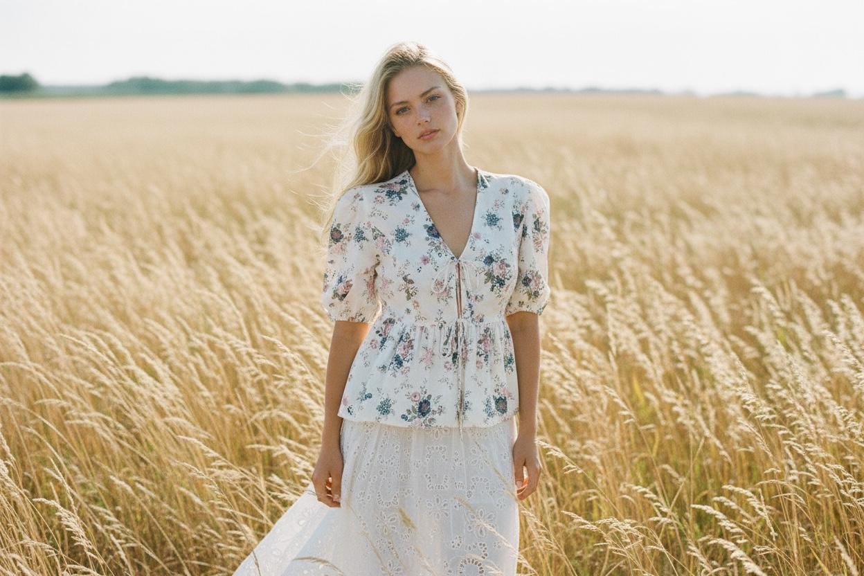Peplum V Neck Liberty Print Top: Puffy Half Sleeves Blouse, Ditsy Botanical Floral Cotton