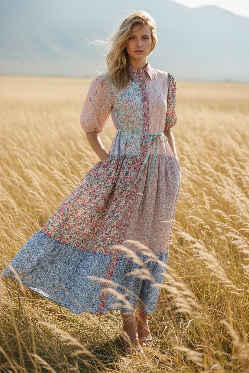 Maxi Liberty London Patches Tiered Shirt Dress: Button Through, Puffy Half Sleeves