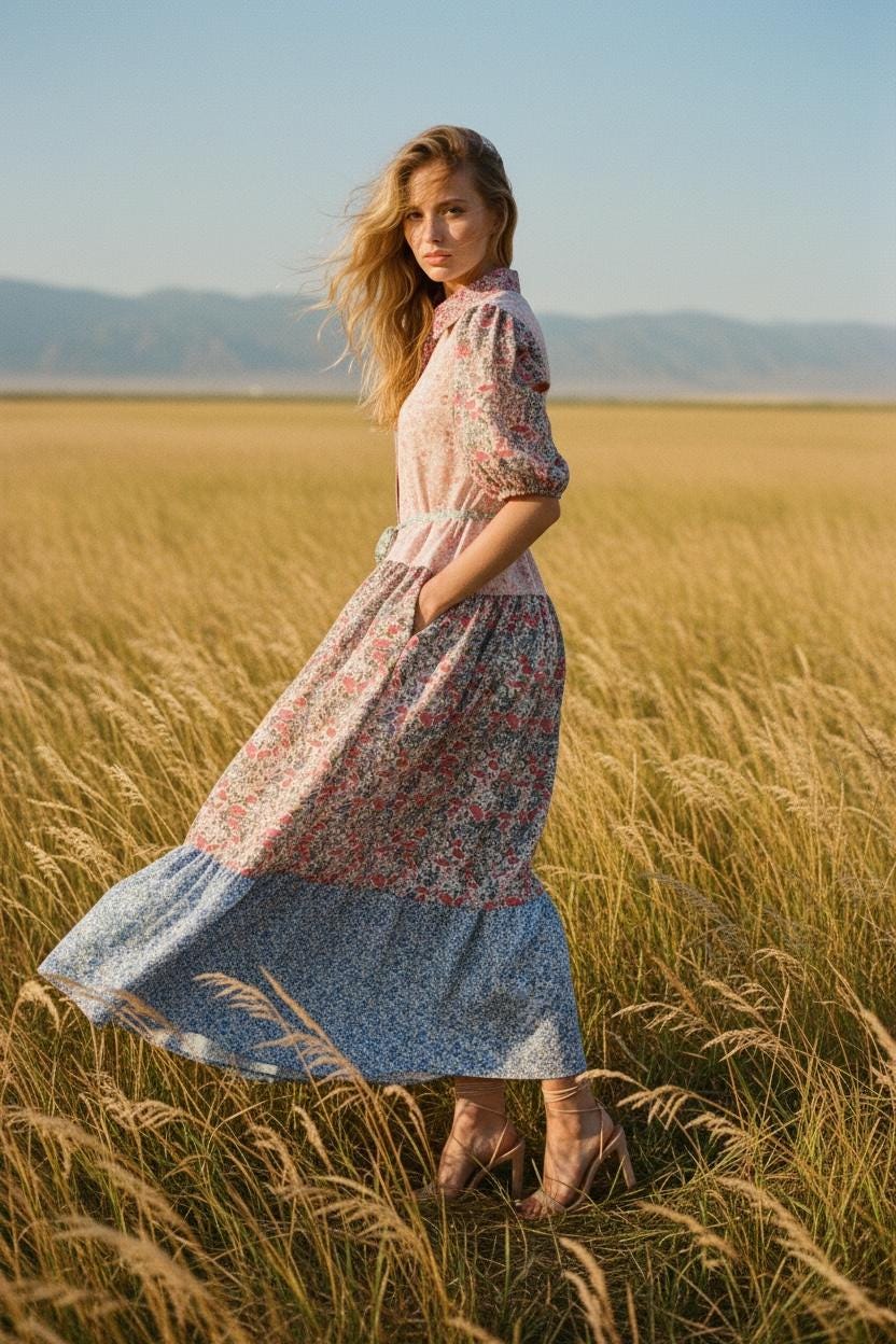 Maxi Liberty London Patches Tiered Shirt Dress: Button Through, Puffy Half Sleeves