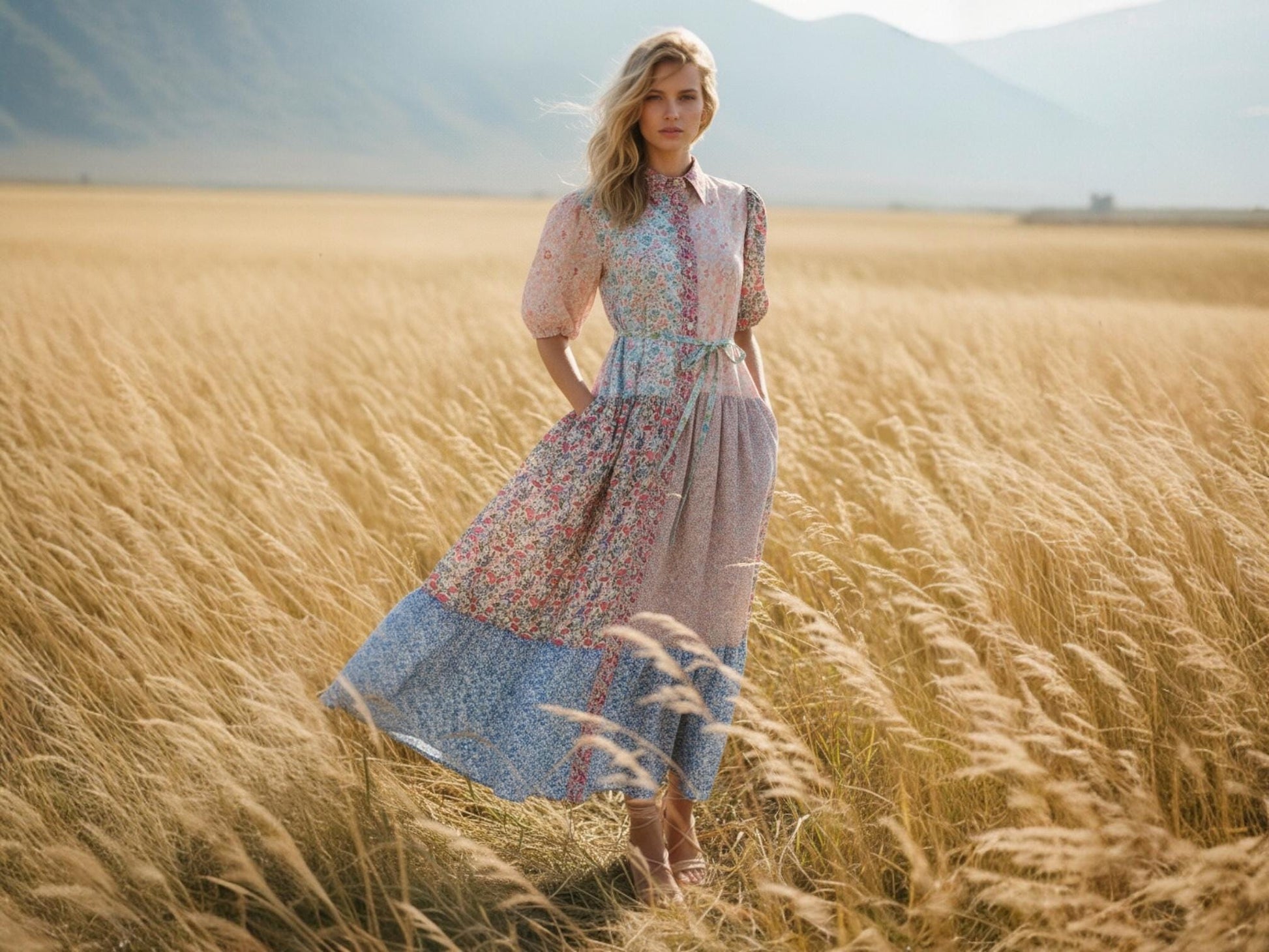 Maxi Liberty London Patches Tiered Shirt Dress: Button Through, Puffy Half Sleeves