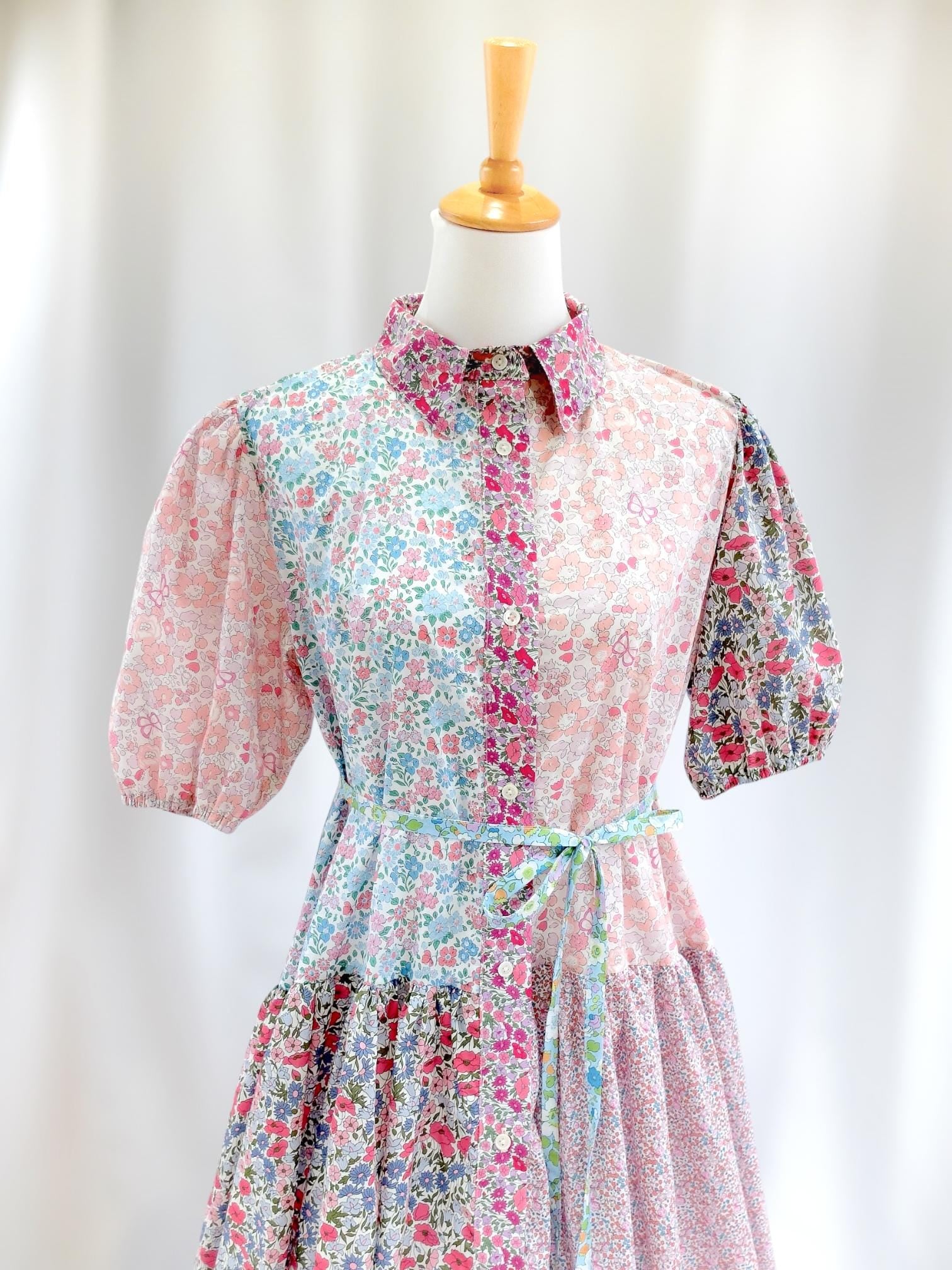 Maxi Liberty London Patches Tiered Shirt Dress: Button Through, Puffy Half Sleeves