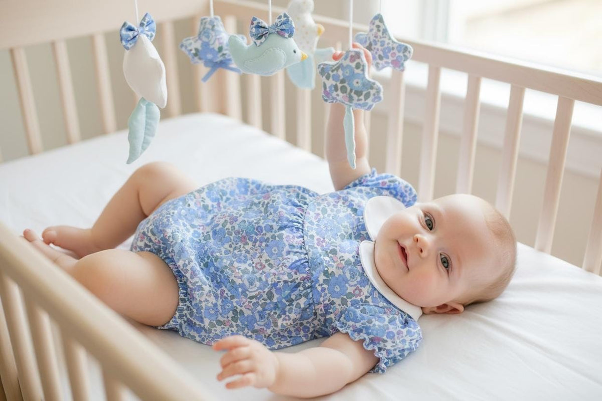 Liberty London Baby Bubble Romper: Peter Pan Collar, Floral Print Cotton Tana Lawn