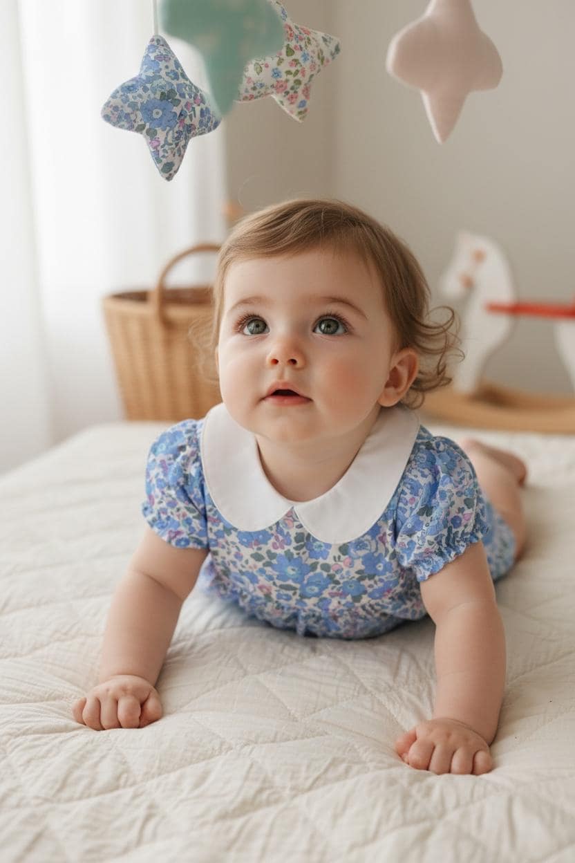 Liberty London Baby Bubble Romper: Peter Pan Collar, Floral Print Cotton Tana Lawn