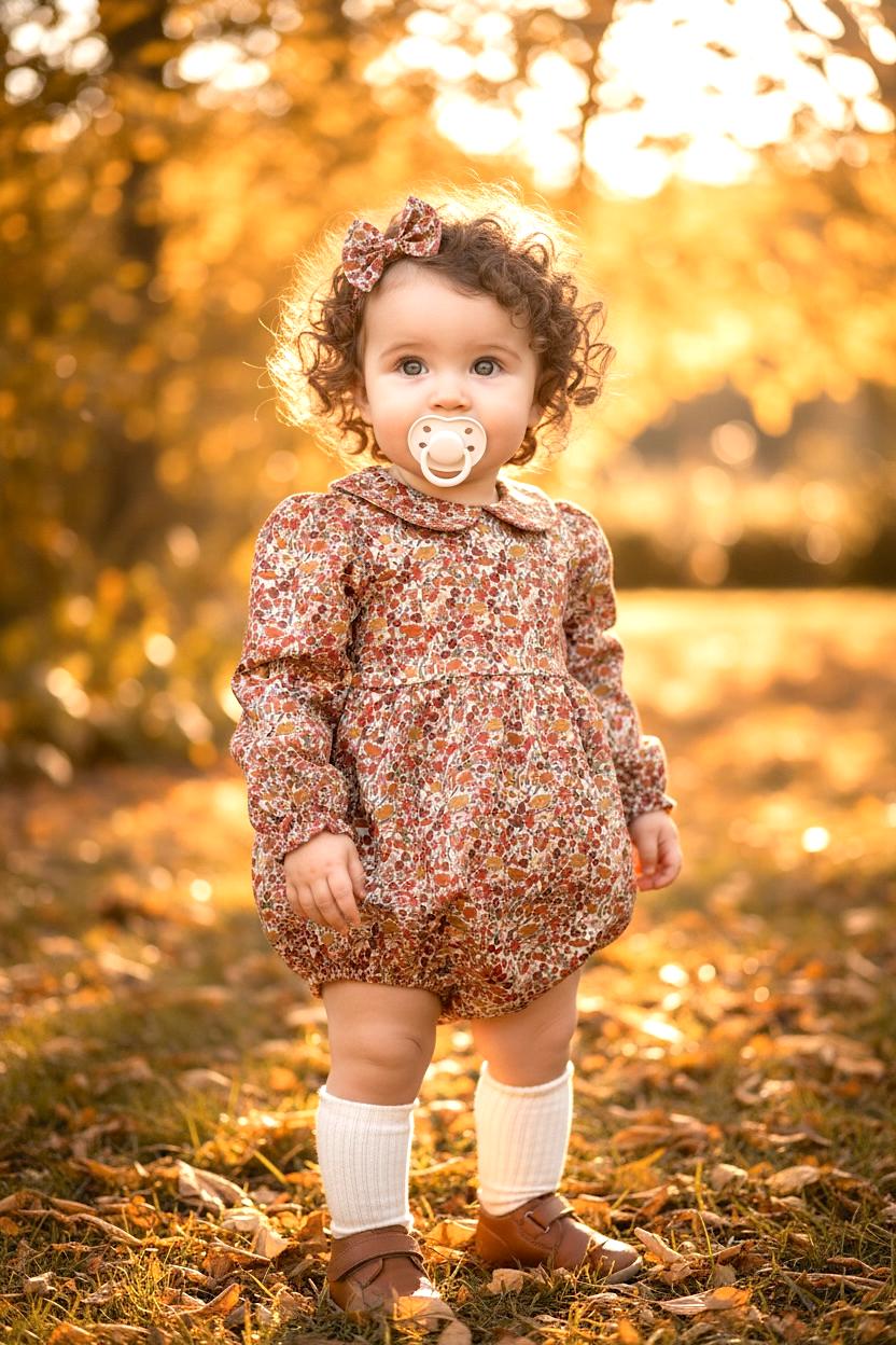 Liberty London Baby Playsuit: Long Sleeve Romper, Peter Pan Collar, Botanical Print