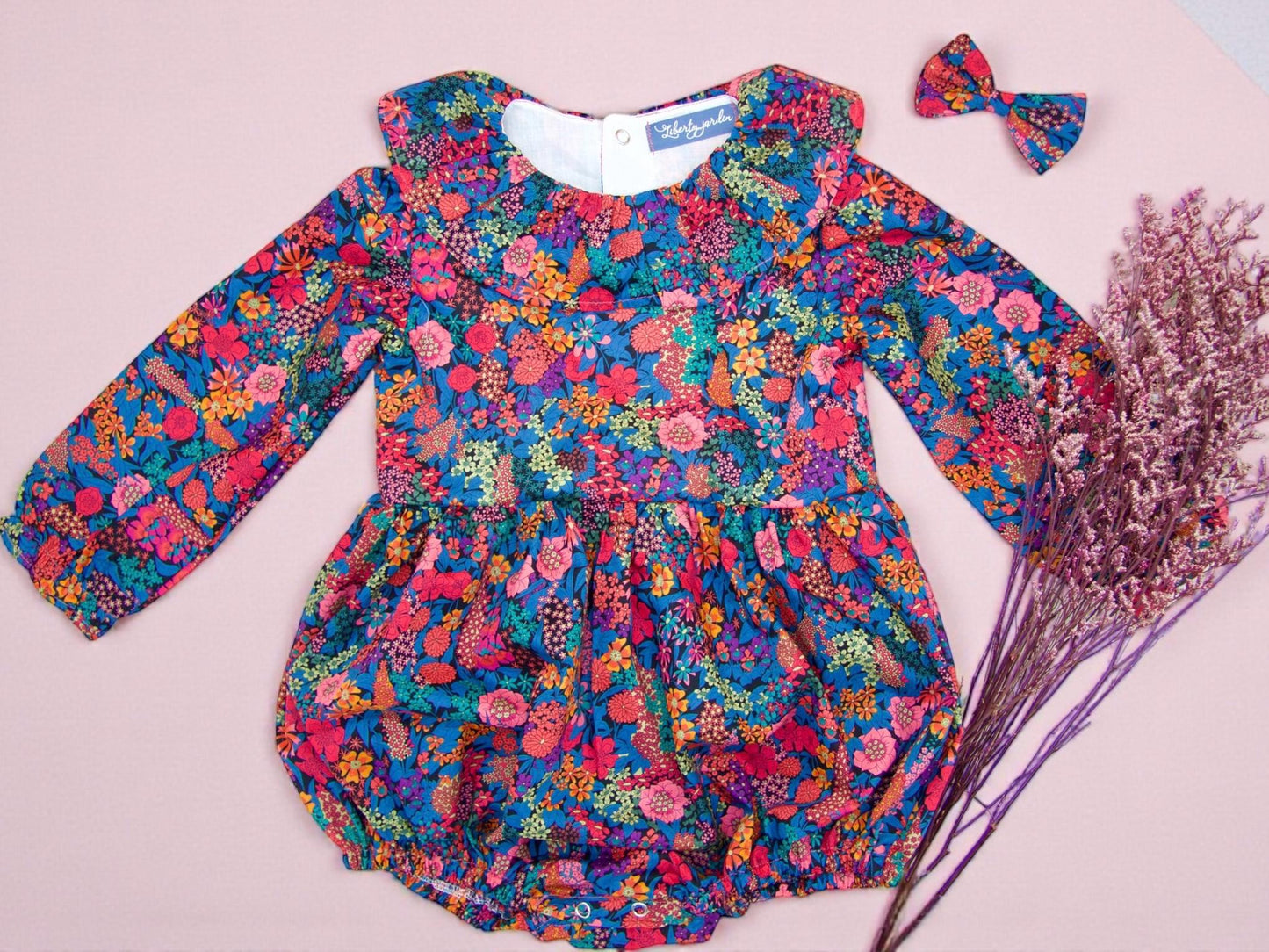 Long Sleeve Liberty Print Romper: Pierrot Collar Baby Bubble, Ditsy Flower Onesie