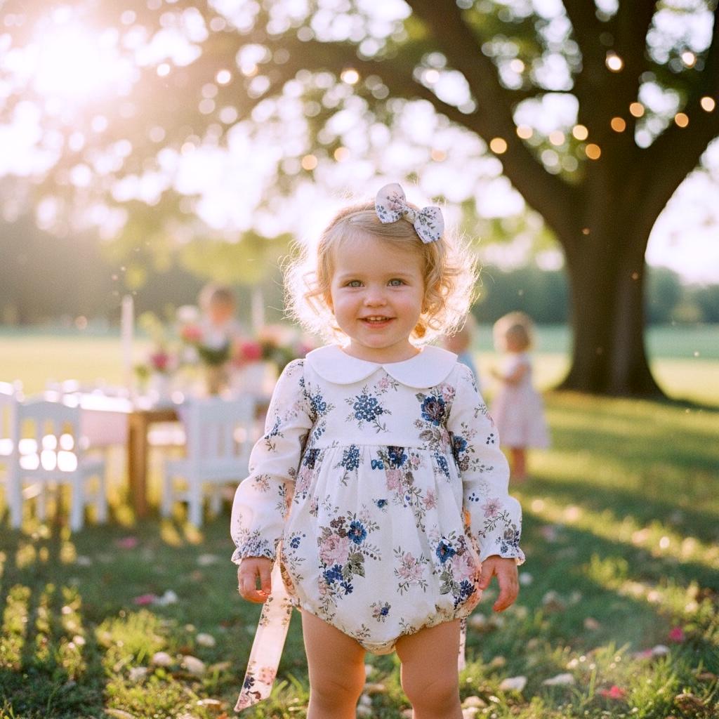Peter Pan Collar Liberty Bubble Romper: Floral Print Cotton, Short Puffed Sleeve