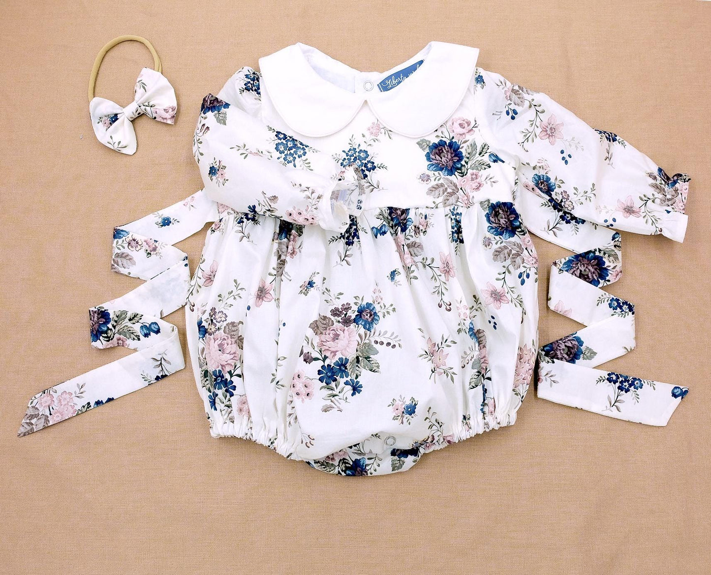 Peter Pan Collar Liberty Bubble Romper: Floral Print Cotton, Short Puffed Sleeve