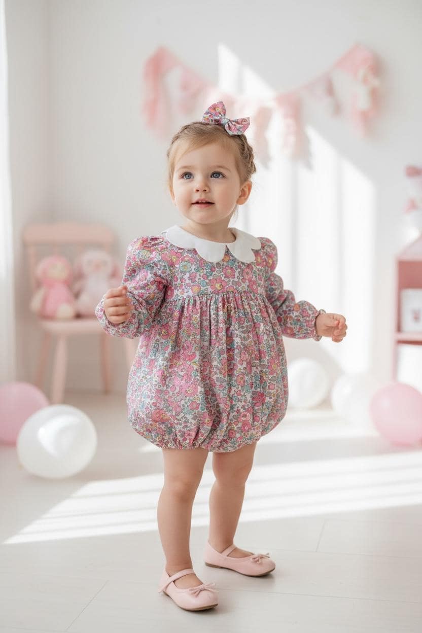 Liberty London Baby Romper, Floral Print Cotton Playsuit, Scallop Collar