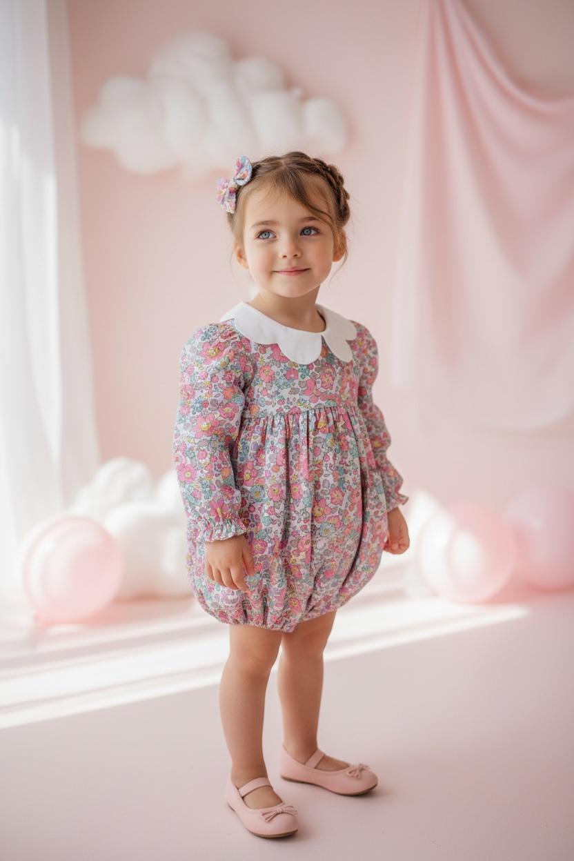 Liberty London Baby Romper, Floral Print Cotton Playsuit, Scallop Collar