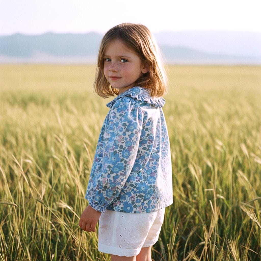 Long Sleeves Liberty Ditsy Floral Girl Top: Peter Pan Ruffle Collar, Button Through Blouse