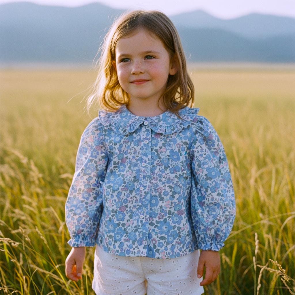Long Sleeves Liberty Ditsy Floral Girl Top: Peter Pan Ruffle Collar, Button Through Blouse