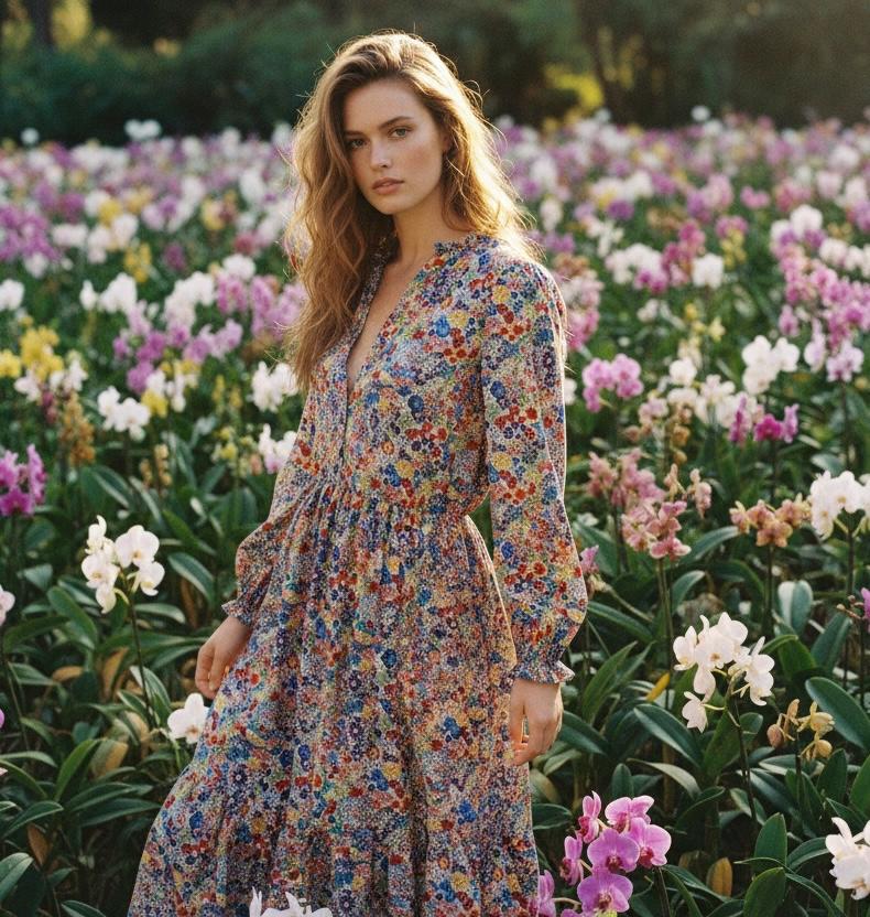 Liberty London V Neck Tiered Dress: Midi Long Sleeve, Floral Print Cotton Tana Lawn