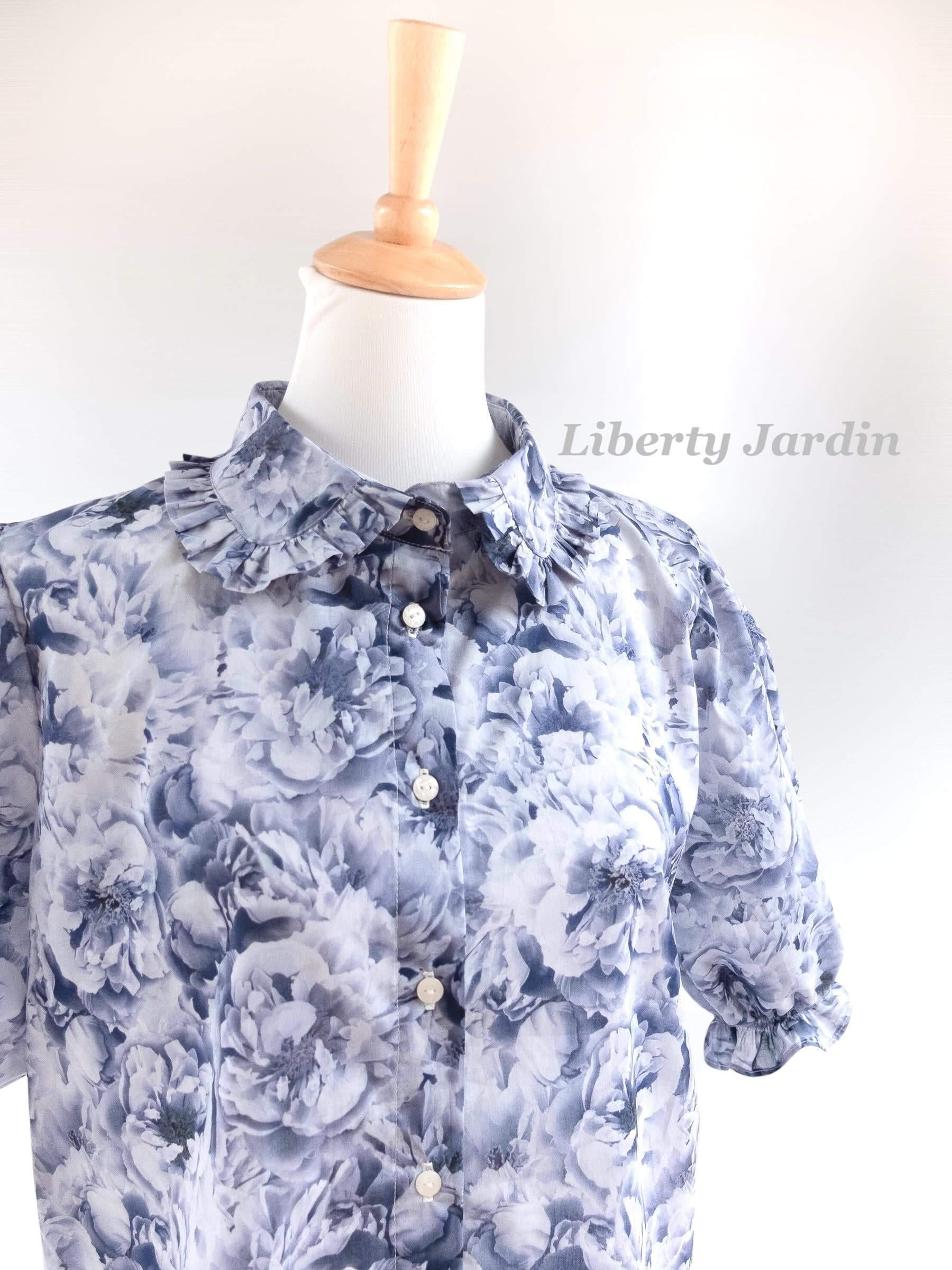 Liberty London Frilled Peter-Pan Collared Handmade Blouse, Button-up Botanical Chemise, Sustainable Tailoring Slow-fashioned Top