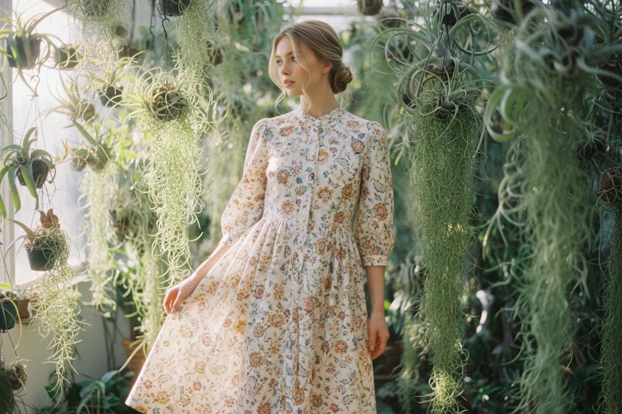 Midi Liberty London Woman Floral Print Shirt Dress: Mandarin Collar, Puffy 3/4 Sleeves