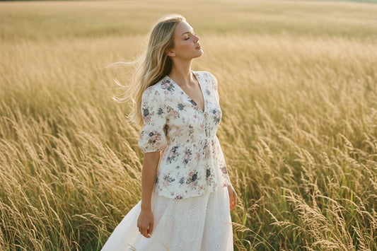Peplum V Neck Liberty Print Top: Puffy Half Sleeves Blouse, Ditsy Botanical Floral Cotton