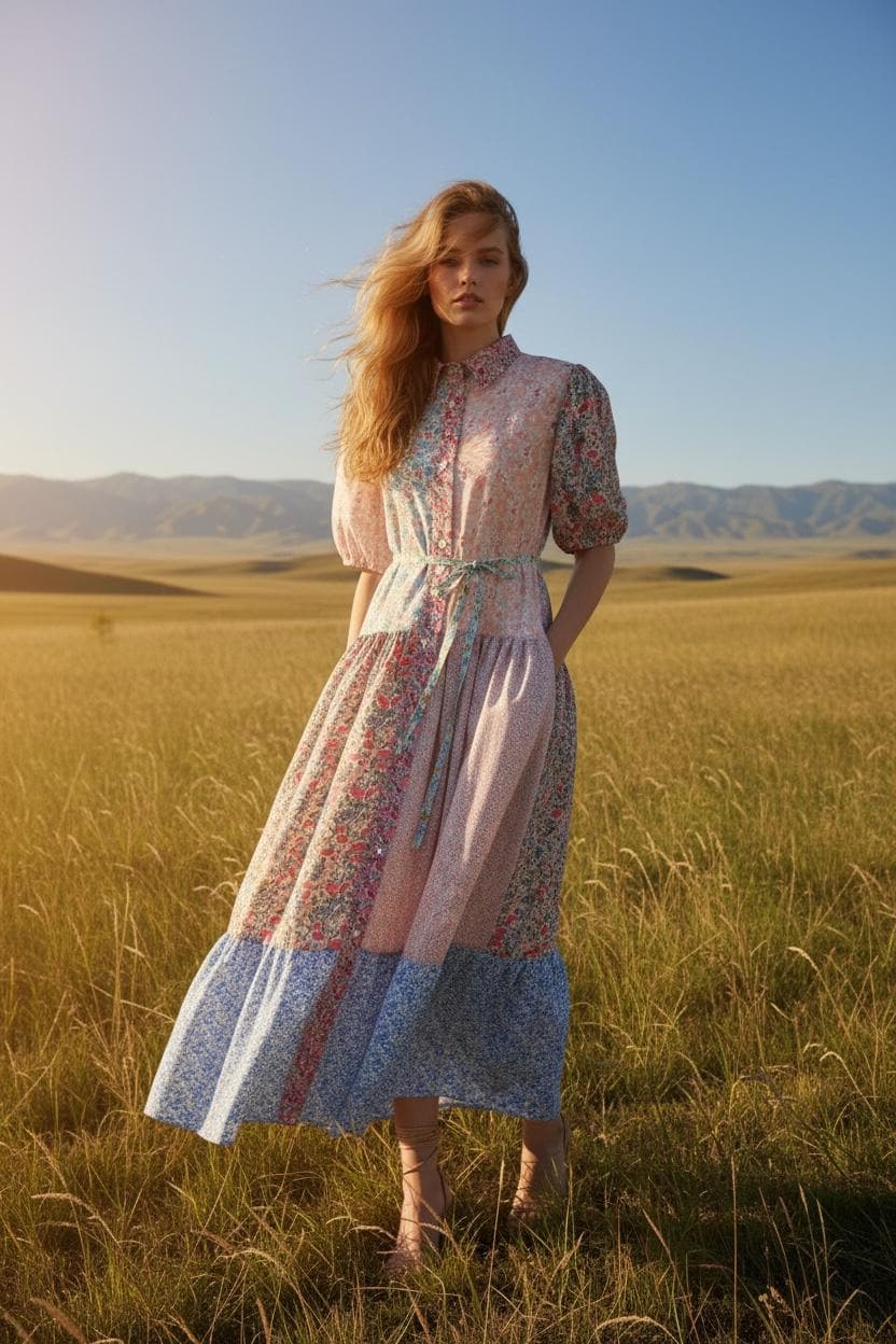 Maxi Liberty London Patches Tiered Shirt Dress: Button Through, Puffy Half Sleeves